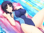 1girl bare_shoulders big_breasts blue_hair breasts brown_eyes game_cg high_res highres hips iizuki_tasuku izumi_wakoto large_breasts legs long_hair looking_at_viewer lovely_x_cation_2 pool smile solo sweat swimsuit thighs water wet