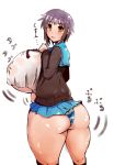 alternate_breast_size ass ass_expansion blush breast_expansion breasts brown_eyes expansion gigantic_breasts huge_ass nagato_yuki panties plump purple_hair striped striped_panties suzumiya_haruhi_no_yuuutsu teruwo thick_thighs thighs translation_request underwear