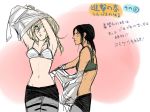 2girls black_hair blonde_hair bra brainpie christa_renz freckles from_side krista_lenz multiple_girls ponytail shingeki_no_kyojin short_hair side translation_request underwear undressing ymir_(shingeki_no_kyojin)