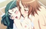 2girls animated animated_gif bath blush brown_hair closed_eyes fanservice flat_chest floor gif girl_on_top green_hair hair katsuragi_hana lowres multiple_girls nipples nude open_mouth screencap seikon_no_qwaser short_hair soap subtext tsubasa_amano yuri