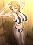 1girl armpits arms_up bare_shoulders big_breasts bikini breasts brown_eyes cahlacahla cleavage high_res hips legs looking_at_viewer nami nami_(one_piece) navel one_piece orange_hair shadow short_hair smile solo standing thighs tongue tongue_out wall