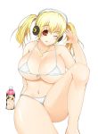 1girl bikini blonde_hair bottle breasts headphones huge_breasts jewelry long_hair miyukicat necklace nitroplus orange_eyes plump smile solo star super_pochaco swimsuit tongue twin_tails wink