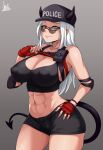 1girl abs bare_shoulders black_bra black_legwear breasts devil_girl devil_horns devil_tail erect_nipples feet_out_of_frame female_focus fit_female glasses grey_background hand_on_breast hand_on_hip hat helltaker high_resolution jmg jmg_partybean justice_(helltaker) legs lifting_clothing long_hair muscle muscular_female navel nipples nipples_visible_through_clothing plain_background police_hat pose red_gloves shorts smirk solo_female sunglasses thick_thighs thighs white_hair yellow_eyes