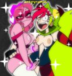  2_girls beautiful breasts breasts_outside demencia demencia_(villainous) female_only hand_on_breast hand_on_butt legs_crossed long_hair miss_heed_(villainous) pac pink_hair pink_skin pyramid_(artist) red_hair socks villainous yuri 