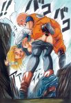  1boy 1girl against_wall android_18 areolae bald bent_over blonde_hair blue_eyes boots breast_grab breasts censored clothed_sex dragon_ball dragon_ball_z feet from_behind garland_(rehabilitation) grabbing hair highres jacket krillin kuririn legs looking_back medium_breasts nail_polish nipples no_bra no_panties open_mouth pants_pull sex shirt_lift short_hair skirt sweat thighs vaginal 