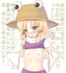  blonde_hair blush breast_conscious embarrassed female flat_chest hat hat_ribbon ichio moriya_suwako navel nipples ribbon small_breasts solo sweatdrop text touhou translated wide_sleeves yellow_eyes 