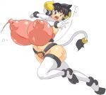 1girl black_eyes black_hair breasts cow cow_girl cow_tail curvy elbow_gloves erect_nipples female gigantic_breasts gloves hips horns huge_nipples jumping legs nipples open_mouth panties puffy_nipples sasaki_tatsuya see-through short_hair solo stockings tail thighhighs underwear wide_hips