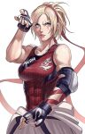 1girl abs alluring blonde_hair blue_eyes elbow_pads female_abs female_only fingerless_gloves gloves hairband hanny_(uirusu_chan) high_res lidia_sobieska looking_to_the_side muscular muscular_female namco pants ponytail red_headband red_shirt scar scar_across_eye serious shirt tank_top tekken tekken_7 voluptuous white_background white_pants