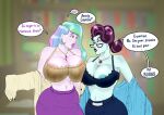  2_girls abacus_cinch bedroom_eyes equestria_girls gigantic_breasts glasses hellbridge humanized multicolored_hair my_little_pony naughty_face princess_celestia princess_celestia_(mlp) purple_eyes purple_hair yuri 