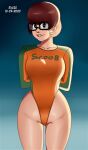 1_girl 1girl bespectacled bodysuit brown_hair clothed fellatio female female_human female_only freckles glasses human looking_at_viewer non-nude scooby-doo shaved_pussy short_brown_hair short_hair solo standing thigh_gap thighs velma_dinkley