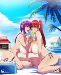  alcohol beach big_breasts bikini blue_bikini breasts cyberunique green_eyes hardinkgirls hentaitna house_keeper huge_breasts looking_at_viewer pink_bikini popsicle purple_hair red_hair sharing topless 