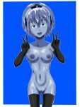 1girl areola big_breasts black_gloves black_legwear blue_background blue_eyes blue_hair blue_nipples blue_skin breasts double_v elbow_gloves female_only godzilla:_city_on_the_edge_of_battle godzilla:_monster_planet godzilla:_the_planet_eater godzilla_(series) headband long_gloves metal metal_hair metal_nipples metal_skin metal_vagina mouth_open nanometal nipples polygon_pictures pussy shiny shiny_hair shiny_skin short_hair solo_female solo_focus stockings stomach teeth thighs toho_(film_company) v wide_hips yuko_tani