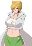 1girl araragi_(pokemon) aurea_juniper beauty_mark big_breasts blonde_hair breasts cleavage earrings game_freak green_eyes huge_breasts humans_of_pokemon jewelry labcoat mole myougi_kulaganosuke nintendo pokemon pokemon_(anime) pokemon_(game) pokemon_black_2_&_white_2 pokemon_black_and_white pokemon_bw pokemon_bw2 professor_araragi professor_juniper short_hair shorts smile solo upskirt