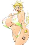 1girl angel bikini blonde_hair blue_eyes body_writing breasts curvy erect_nipples female gigantic_breasts halo happy heart huge_breasts navel nipples open_mouth sasaki_tatsuya see-through short_hair simple_background sketch sling_bikini solo standing swimsuit thighs white_background white_wings wide_hips wings