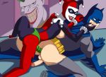 anal arabatos ass batman batman_(series) breasts bruce_wayne dc dc_comics female harleen_quinzel harley_quinn pegging penis pussy sphinx_position strap-on testicles the_joker uncensored