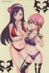 2girls bikini blush breasts character_name cleavage fairy_tail finger_to_mouth first_porn_of_character flower hairband highres large_breasts long_hair mashima_hiro meredy_(fairy_tail) midriff multiple_girls navel pink_hair purple_eyes purple_hair short_hair small_breasts swimsuit thighhighs ultear ultear_milkovich