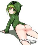 arm_support ass blush creeparka creeper from_behind green_eyes green_hair hood hoodie looking_at_viewer looking_back lying minecraft on_stomach panties panties_around_leg panties_around_one_leg pout revision short_hair solo underwear white_background white_panties zaxwu