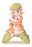 :o bel_(pokemon) beret bianca_(pokemon) blonde_hair blush breasts breasts_outside glasses green_eyes hat highres huge_breasts humans_of_pokemon jacket kneeling large_breasts long_sleeves nipples open_mouth pants_pull pokemon pokemon_(game) pokemon_black_and_white pokemon_bw pokemon_bw2 puffy_nipples pulled_by_self pussy pussy_juice ririko_(zhuoyandesailaer) shirt_lift shirt_pull short_hair solo uncensored zhuoyandesailaer