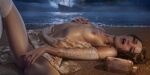 1girl beach blush bottle breasts elizabeth_swann female_masturbation female_only fingering_self keira_knightley looking_at_viewer lying_on_back masturbation night ninjartist nipples no_bra no_panties open_dress open_mouth outside overknee_stockings pirates_of_the_caribbean pussy shaved_pussy ship spread_legs