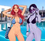 1girl 2_girls bag bikini_top bottomless casual dc_comics eyewear female_only human koriand'r nude nudity olena_minko pale_skin rachel_roth raven_(dc) starfire teen_titans wristwear