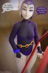  1girl 3d belt blender dc_comics english_text grey_skin imminent_fellatio leotard offscreen_male picture_frame purple_eyes purple_hair raven_(dc) shadowboxer short_hair speech_bubble standing tagme teen_titans text 