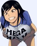 black_eyes black_hair breast_grab breast_squeeze breasts colored cross_eyed fang grin hair_ornament hairclip high_res huge_breasts leaning_forward long_hair mega_milk raglan_sleeves shiden_akira shorts smile titty_monster