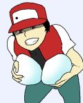 1boy black_hair eggs grin hat mega_milk pokemon red_(pokemon) red_eyes titty_monster