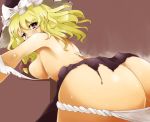 1girl ass bad_id bent_over blonde_hair blush bow braid breast_press breasts brown_background butt_crack female from_behind gomibuta_kuzutarou hat hat_bow hips huge_ass kirisame_marisa long_hair looking_at_viewer looking_back panties panty_pull purple_eyes shiny shiny_skin sideboob simple_background solo sweat tears topless torn_clothes touhou underwear white_panties