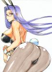  1girl animal_ears ass back back-seamed_legwear bare_shoulders breasts bunny_ears bunnysuit fate/stay_night fate_(series) female from_behind futanari glasses hips huge_ass huge_breasts kikuta large_breasts long_hair pantyhose penis rider seamed_legwear solo traditional_media very_long_hair wide_hips wrist_cuffs 