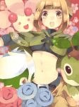  1girl belt brown_eyes brown_hair cherrim cloak female gardenia gym_leader midriff natane_(pokemon) navel open_mouth payot pokemon pokemon_(game) pokemon_dppt roserade short_hair sidelocks tegaki turtwig 