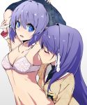 2girls armpit_licking armpits arms_up bare_shoulders blue_eyes blush bra bust clannad closed_eyes collarbone female fujibayashi_kyou fujibayashi_ryou gnosis_(ylyk) gradient gradient_background hair hair_between_eyes hair_ornament incest licking long_hair looking_at_another multiple_girls navel pink_bra purple_hair school_uniform short_hair siblings sisters twincest twins underwear upper_body yuri