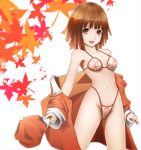  1girl bakemonogatari bikini brown_eyes brown_hair hat hat_removed headwear_removed highleg highleg_bikini highleg_swimsuit inaka_kaeru leaf_print monogatari_(series) navel open_mouth print_bikini sengoku_nadeko shirt short_hair solo swimsuit 