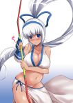  1girl blue_eyes blush bow_(weapon) breasts c.r. cleavage covered_nipples embarrassed erect_nipples female gloves hairband large_breasts long_hair majikina_mina no_panties ponytail samurai_spirits shiny shiny_skin solo very_long_hair weapon white_hair 