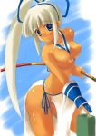  1girl blue_eyes bow_(weapon) breasts dark_skin female majikina_mina nipples no_bra panties pantyshot ponytail samurai_spirits soba_(artist) soba_(saz) solo underwear weapon white_hair 