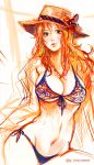 1girl bad_id bikini blush breasts cleavage female hat hips lips long_hair nami navel one_piece orange_eyes orange_hair side-tie_bikini solo swimsuit tsuyomaru very_long_hair