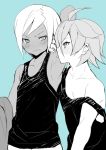  2boys ahoge ai5108 armpit_licking armpits blue_background blush female inazuma_eleven_(series) inazuma_eleven_go izumi_kanaaki licking male male_focus monochrome multiple_boys short_hair simple_background strap_slip tobisawa_mana tongue toshimasa_(serialism) 