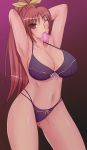 1girl big_breasts breasts brown_eyes brown_hair condom ichigo_100 kitaoji_satsuki lingerie long_hair mouth_hold navel ponytail purple_bra purple_panties solo underwear wink