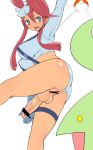 1girl ass bad_id blue_eyes blush breasts censored erection female full-package_futanari futanari fuuro_(pokemon) gloves gym_leader hair hair_ornament highres intersex large_breasts long_hair looking_at_viewer looking_back midriff open_mouth panties panties_aside penis poke_ball pokemon pokemon_(game) pokemon_bw pussy red_hair short_shorts shorts shorts_aside simple_background solo suspenders testicles ubanis underwear white_background