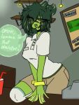  1girl alien alternate_version_available dark_hair dialogue four_eyes green_hair green_skin regretevator sfw short_hair swibbledib_(regretevator) uniform 