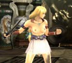 1girl gif blonde_hair breasts nipples shield skirt solo sophitia_alexandra soul_calibur sword topless weapon