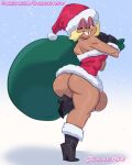  1girl ass bag big_ass blonde_hair blue_background boots carol_kincaid cartoon_network chickpea christmas christmas_outfit color colored female_only gloves gradient_background high_heels holding_bag huge_ass looking_over_shoulder ok_k.o.!_let&#039;s_be_heroes pinup santa_costume santa_hat short_hair simple_background smile snow snowing tooth_gap 