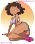  1girl 2023 amphibia bedroom_eyes brown_hair chickpea colored dark-skinned_female disney disney_channel earrings female_only high_heels jean_shorts looking_at_viewer milf mrs._boonchuy orange_background oum_boonchuy pinup seductive seductive_smile sfw short_hair short_shorts short_top simple_background straight_hair wedding_ring 