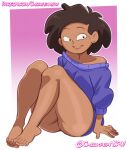  1girl 2022 amphibia asian asian_female barefoot blue_sweater bottomless bottomless_female brown_hair chickpea colored dark-skinned_female dark_skin disney disney_channel earrings feet female_only gradient_background grin looking_at_viewer milf mrs._boonchuy oum_boonchuy pink_background short_hair simple_background sitting smile smiling_at_viewer solo_female straight_hair sweater thai thai_milf toes wedding_ring 