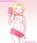  1girl 2024 amphibia amphibia_(finale) athletic_female blonde_hair breasts cellphone chickpea earrings female_only gradient_background gym_shorts holding_phone looking_at_phone mole mole_under_eye nipples pants_down phone pink_background pussy sasha_waybright selfpic shirt_up short_hair short_shorts shorts simple_background smartphone smile taking_picture uncensored 