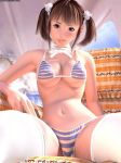  3d aerisdies bikini breasts brown_hair erect_nipples hard_nipples large_breasts navel nipple_bumps nipples_through_clothes ponytails stockings striped striped_bikini thighhigh_stockings twin_tails underboob web_address web_address_without_path 