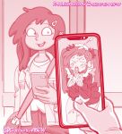  1boy 1girl 2024 amphibia amphibia_(finale) bukkake chickpea closed_eyes dark-skinned_female disney disney_channel holding_phone juxtaposition long_hair maid male/female marcy_wu monochrome phone photo_comparison pink_theme pov smartphone 