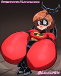  1girl 2023 2d ass big_ass blush bob_cut bodysuit bondage brown_hair chickpea color colored dark_background disney elastigirl eyemask eyes_wide_open female_only helen_parr heroine heroine_in_trouble high_collar high_heels huge_ass light-skinned_female mask masked_female milf on_floor pixar pixar_mom presenting short_hair simple_background spandex superhero_costume superheroine the_incredibles tied_up wide_eyed 