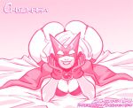  1girl 2022 ass big_ass breasts cape capelet chickpea crimson_terror expressive_mask eyemask fat_ass female_only gloves huge_ass looking_at_viewer mask masked_female massive_ass monochrome on_bed original original_character pink_background pink_theme simple_background smile spandex superhero_costume supervillain supervillainess villainess 