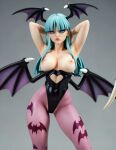  ai_generated angry_face bat_wings bodysuit breasts breasts_out breasts_out_of_clothes darkstalkers figurine glowing_eyes green_eyes green_hair hands hands_behind_head light_skin long_hair morrigan_aensland pantyhose pink_eyes vampire_savior wings_on_head 