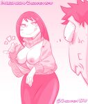  2022 bedroom_eyes beru_asui big_breasts breast_awe breasts chickpea dilf exposed_breasts flashing flashing_breasts ganma_asui gradient_background husband_and_wife licking_lips looking_at_breasts milf monochrome my_hero_academia nipples pink_background pink_theme simple_background surprised sweater 